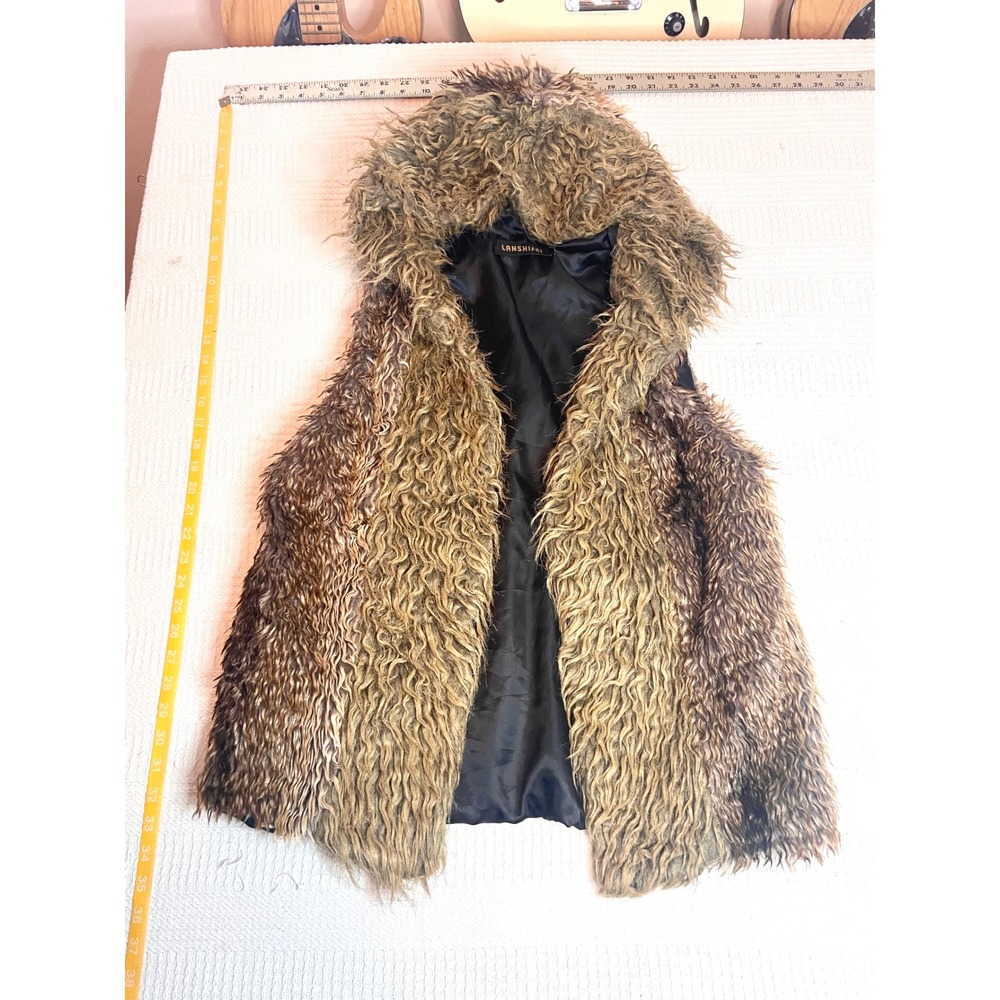 Lanshifei Brown Shaggy Faux Fur Hooded Vest Womens Boho